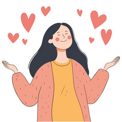 Happy girl with heart in hands valentine day vector illustration isolated on white background flat