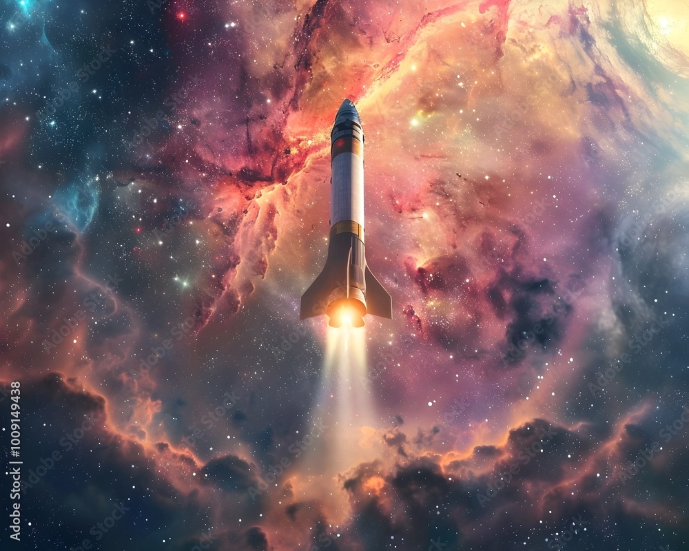 Poster powerful space rocket navigating through colorful cosmic nebula field