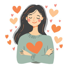 Happy girl with heart in hands valentine day vector illustration isolated on white background flat