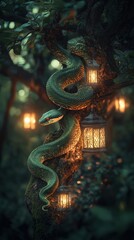 Naklejka premium Christmas Decor with a Green Snake in Pine Branches