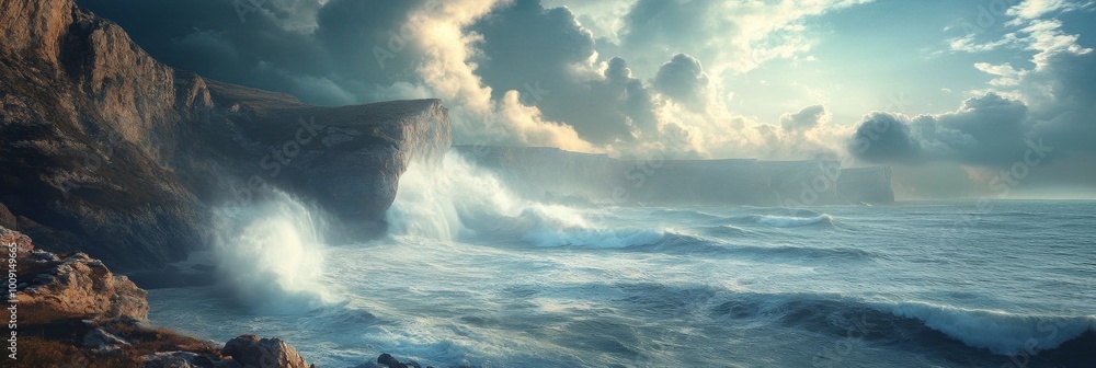 Poster coastal cliffs with crashing waves, dynamic clouds above, sharp foreground details, soft background,