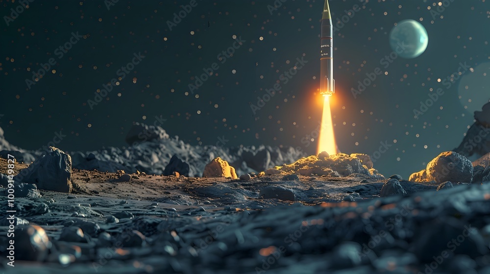 Poster futuristic space rocket launching from asteroid base with illuminated engines and expansive space ba