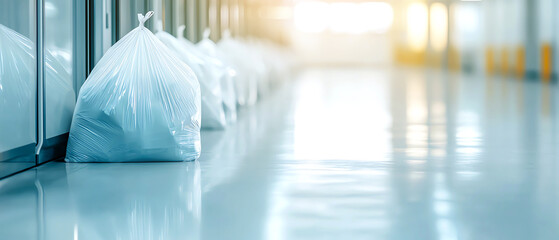 Clean empty corridor with garbage bags positioned on the floor, emphasizing cleanliness and waste management practices in public spaces.