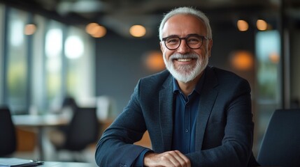 Fototapeta premium Happy business man sitting in a boardroom. Senior man attending a meeting in an office, Generative AI