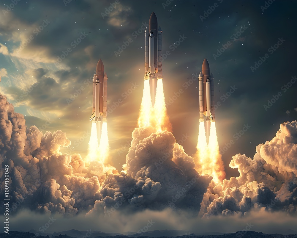 Poster coordinated rocket blastoff with multiple spacecraft launching simultaneously