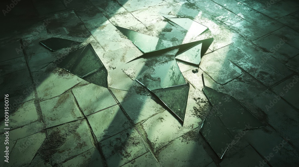 Poster pieces of a broken mirror scattered on a desolate floor, each fragment reflecting a different realit