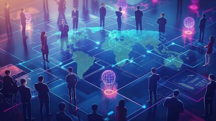 Illustration of global business network with interconnected nodes, representing data exchange, customer connections, HR recruitment, global outsourcing. Teamwork, strategy, generative drive business