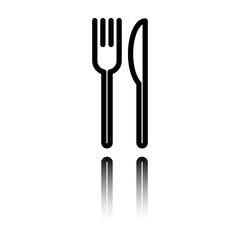 Restaurant, fork knife simple icon. Flat design. Black icon with mirror reflection. White background