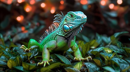 Fototapeta premium A closeup portrait of a green iguana captures the reptile�s intricate scales and vibrant nature.