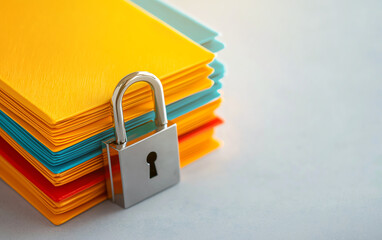 Colorful folders secured with padlock, symbolizing data protection and privacy in an office environment.