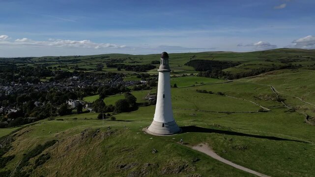 4K: Aerial Drone Video of Sir John Barrow Monument on Hoad Hill, Ulverston in Cumbria, England, UK. Circular behind shot. Stock Video Clip Footage
