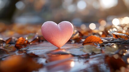 Fototapeta premium A pink heart rests gently on autumn leaves, symbolizing romance amidst the season�s beauty.