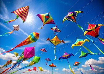 Colorful kites soaring in a clear blue sky, symbolizing joy and freedom on a sunny day