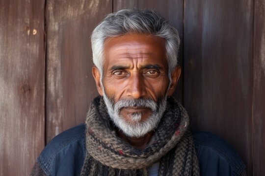 Portrait of a tender indian man in his 80s showing off a thermal merino wool top while standing against rustic wooden wall - Powered by Adobe