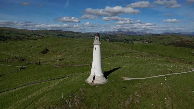 4K: Aerial Drone Video of Sir John Barrow Monument on Hoad Hill, Ulverston in Cumbria, England, UK. Circular. Stock Video Clip Footage