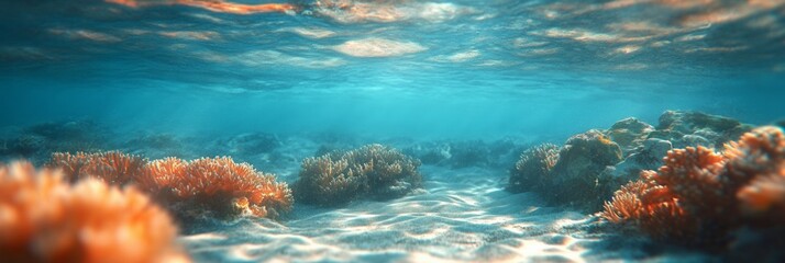 Naklejka premium Vibrant coral reef thriving beneath crystal-clear ocean surface, showcasing colorful marine life and a softly blurred seabed in the distance