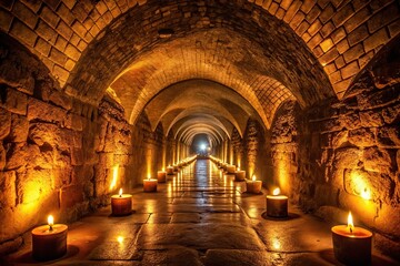 Eerie crypt tunnel illuminated by candlelight from a low angle