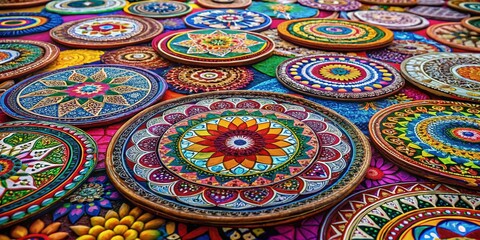 Colorful mandals on display, showcasing intricate designs and patterns in a vibrant artistic collection