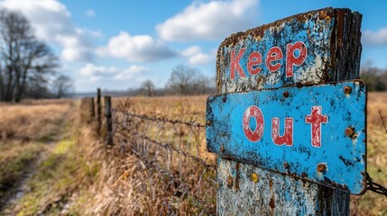 A weathered blue Keep Out sign on a wooden post with rusted barbed wire fence in a rural open field under a bright blue sky with fluffy clouds