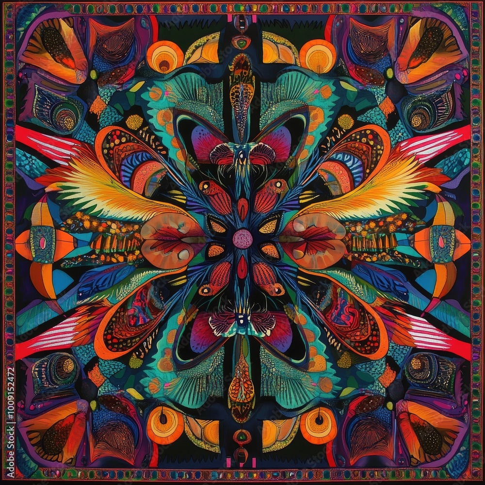 Sticker a vibrant, intricate symmetrical design showcasing various colorful patterns and forms, evoking a se