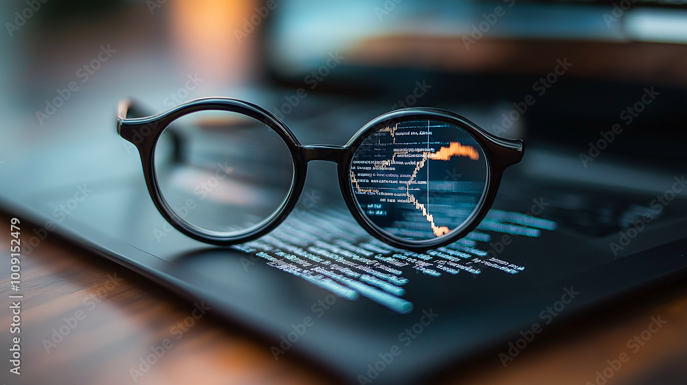 Poster image features pair of glasses resting on laptop, with code reflected in lenses, symbolizing technol