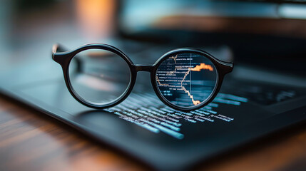 image features pair of glasses resting on laptop, with code reflected in lenses, symbolizing technology and programming. scene conveys sense of focus and innovation