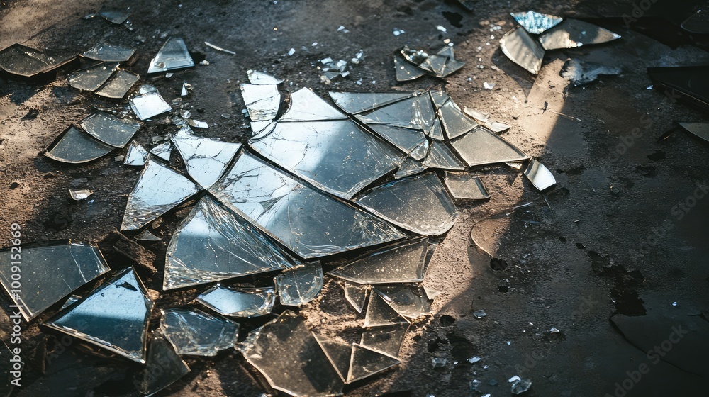 Poster scattered shards of a broken mirror on a barren floor, each fragment reflecting an alternate dimensi
