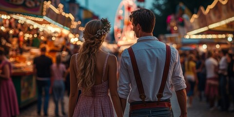 Obraz premium Oktoberfest couple in traditional attire strolling through vibrant festival atmosphere, food stalls and rides create a lively backdrop