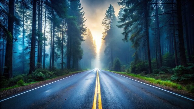 Eerie misty forest road at dusk