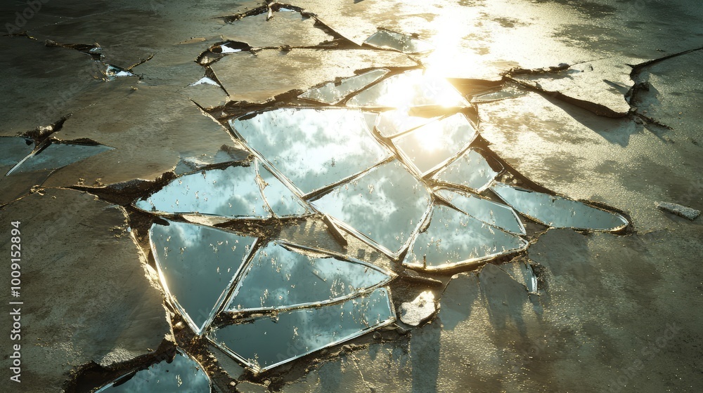 Poster scattered shards of a broken mirror on a barren floor, each fragment reflecting an alternate dimensi