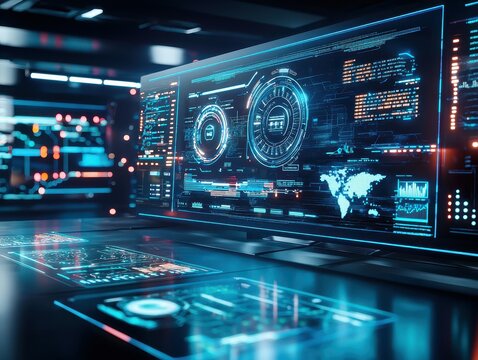 A close-up shot of a computer screen displaying a futuristic user interface with glowing blue and orange graphics.