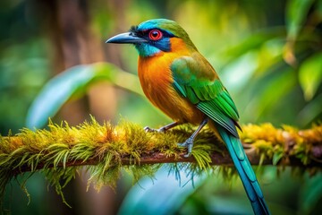 Fototapeta premium Colorful motmot perched on a branch in a lush tropical forest showcasing vibrant plumage and beauty