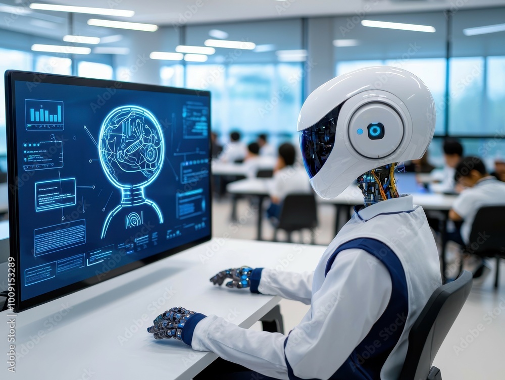 Poster a humanoid robot sits at a desk, looking at a computer screen with data and a blue glowing brain on 