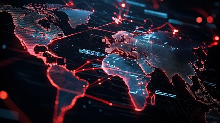 A digital representation of the world, with red lines connecting continents.