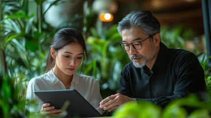 Fototapeta premium A man and a woman are looking at a tablet together