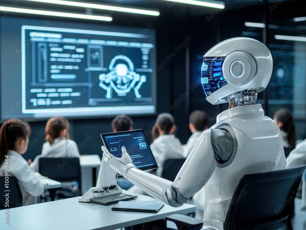 Poster a humanoid robot teacher instructs a class of students.