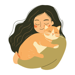 Girl hugging cat with love Flat illustration