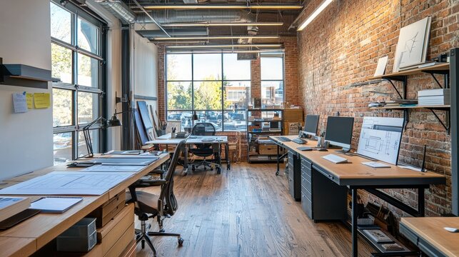 Architectâ€™s office space featuring organized desks, drafting tables, and creative design elements.