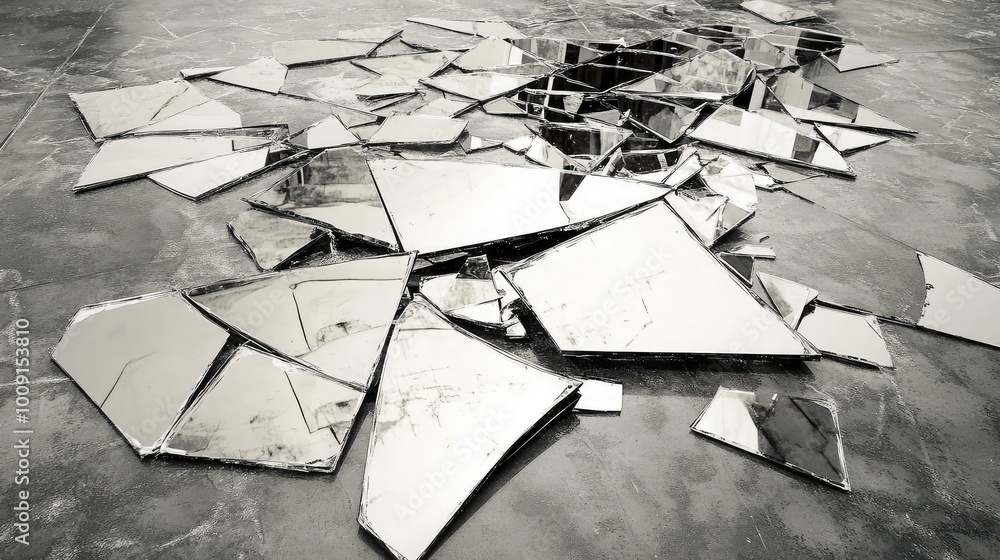Poster scattered shards of a broken mirror on a barren floor, each fragment reflecting an alternate dimensi