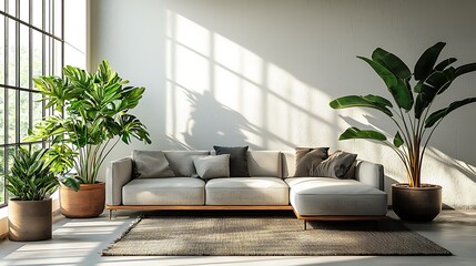 A modern living room is bathed in sunlight, filled with plants that breathe life into the stylish interior.