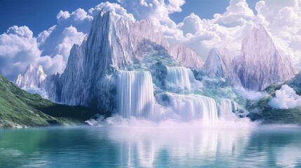 Fototapeta premium Serene marble mountains levitate above a quiet sea, with waterfalls flowing gracefully upward into the sky, creating a surreal vista.