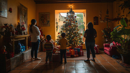 Latino family standing together, looking at a beautifully decorated Christmas tree inside their cozy home, capturing a moment of warmth, unity and festive anticipation during the holiday season.