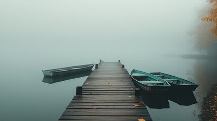 A serene scene of a foggy lake with a wooden dock and small boats, evoking tranquility and reflection.