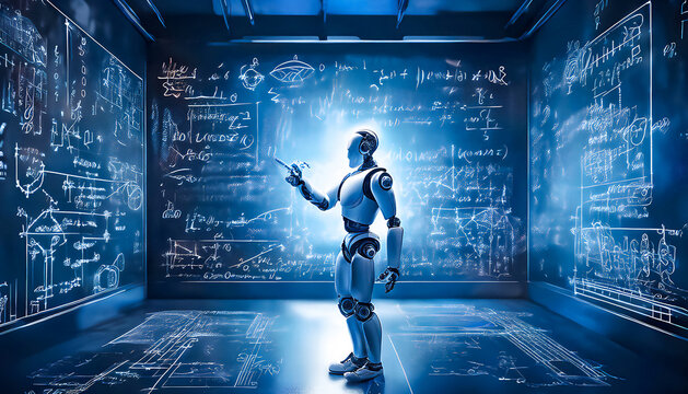 Humanoid robot draws physical and mathematical equations and formulae in open space with blue light, scrutinises, ponders, against a darkened background