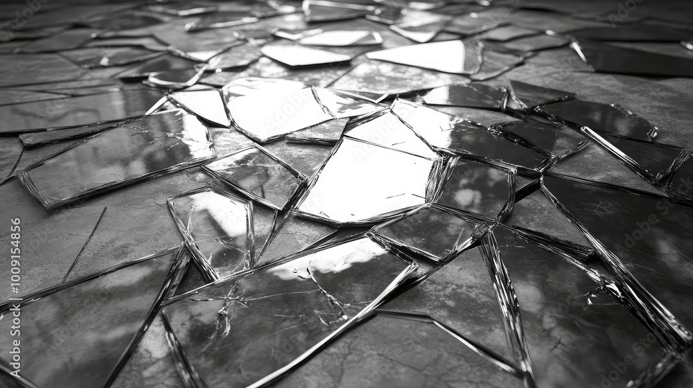 Poster shards of a broken mirror lie on a barren floor, each fragment reflecting alternate worlds and reali