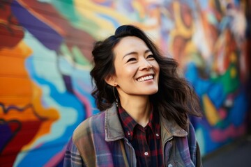 Naklejka premium Portrait of a glad asian woman in her 40s wearing a comfy flannel shirt over colorful graffiti wall