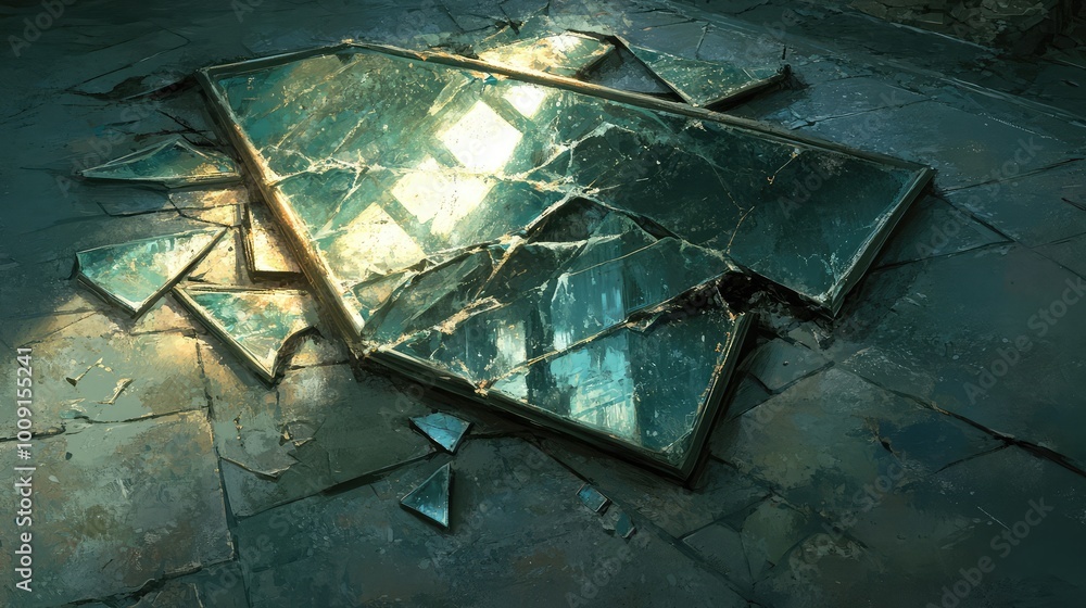 Poster shards of a broken mirror lie on a barren floor, each fragment reflecting alternate worlds and reali