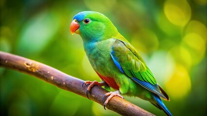 Fototapeta premium Colorful Parrotlet Bird Perched on a Branch Against a Blurred Natural Background in Soft Light