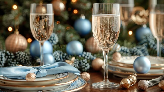 A beautifully set holiday table adorned with champagne glasses and blue and gold decorations, creating a festive and elegant ambiance for celebrations