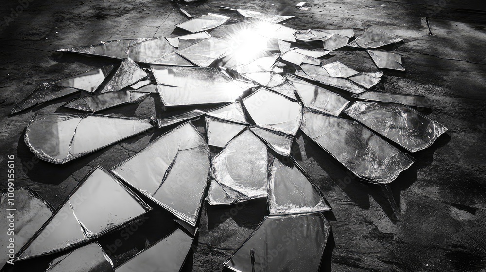 Poster shards of a broken mirror lie on a barren floor, each fragment reflecting alternate worlds and reali